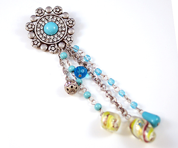 Crystal round and multi glass bead chain drop brooch