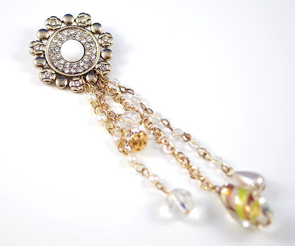 Crystal round and multi glass bead chain drop brooch