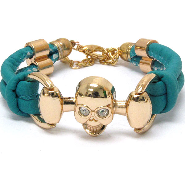 Crystal eyed skull and leatherette band tie bracelet