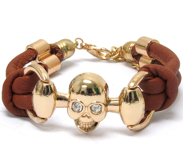 Crystal eyed skull and leatherette band tie bracelet