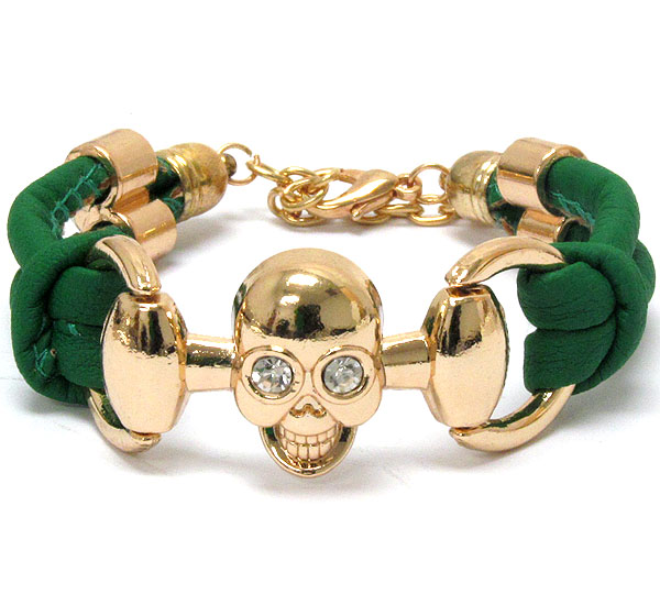 Crystal eyed skull and leatherette band tie bracelet
