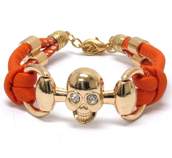 Crystal eyed skull and leatherette band tie bracelet