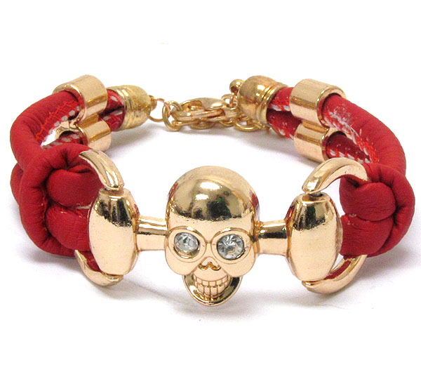 CRYSTAL EYED SKULL AND LEATHERETTE BAND TIE BRACELET