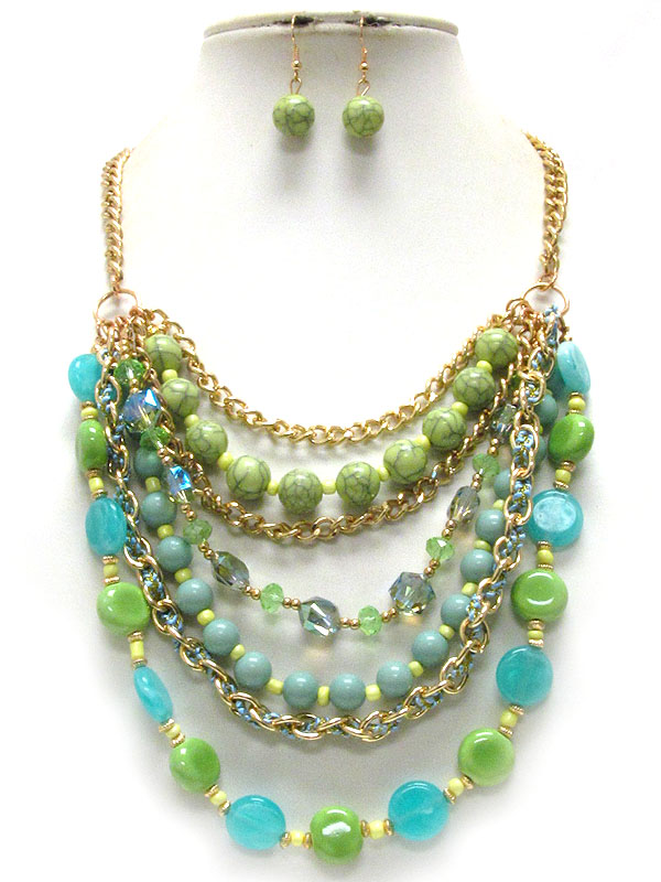 Multi bead ball and chain mix layered necklace earring set