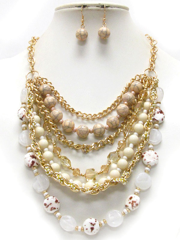 Multi bead ball and chain mix layered necklace earring set