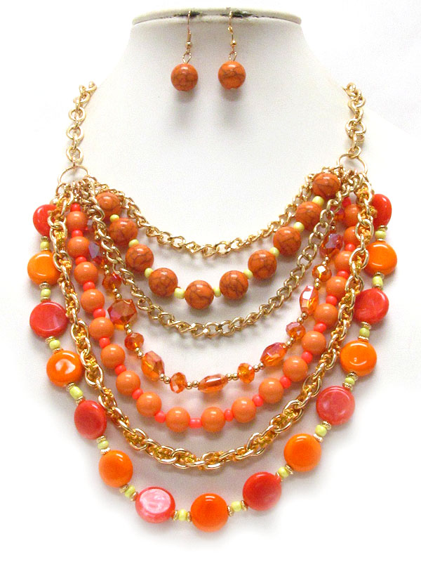 Multi bead ball and chain mix layered necklace earring set