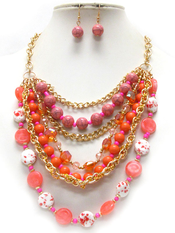 Multi bead ball and chain mix layered necklace earring set