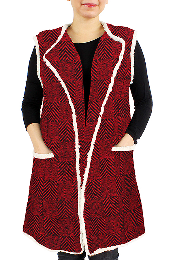 FUR EDGE HERRINGBON VEST - 100% POLYESTER