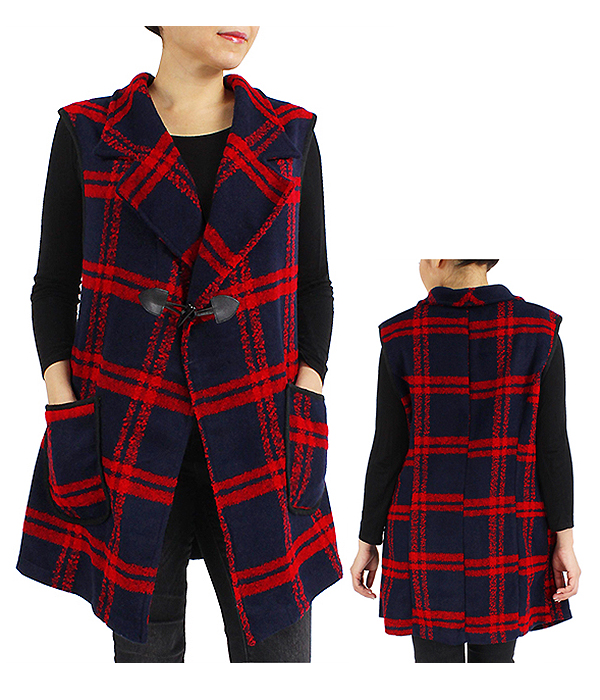 TOGGLE BUTTON PLAID PATTERN VEST - 100% POLYESTER