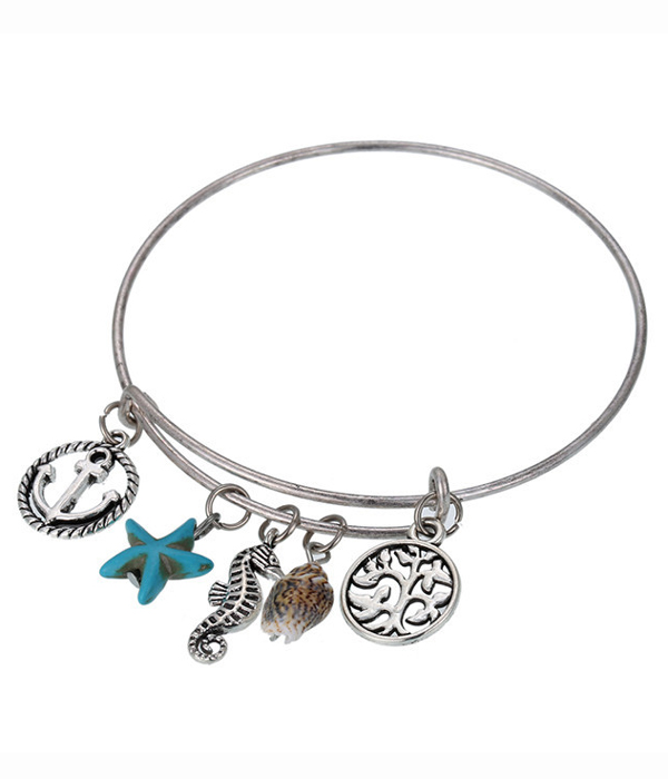 Anchor and star fish adjustable wire bangle bracelet