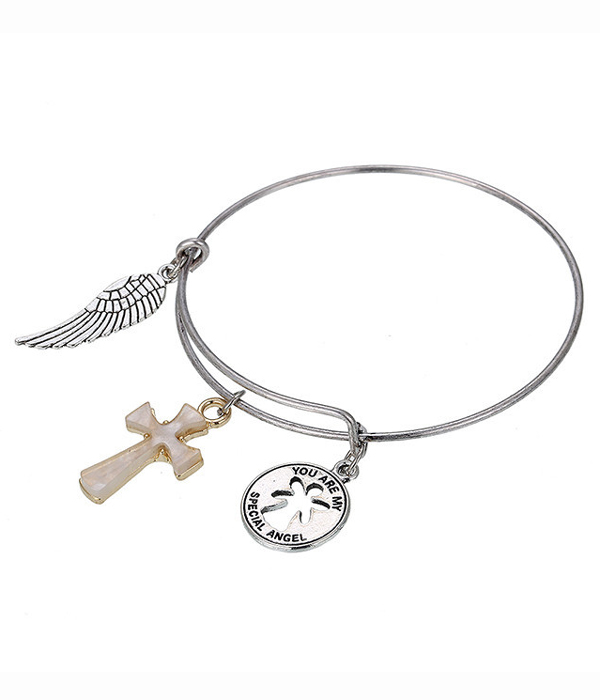 Cross and angel wing adjustable wire bangle bracelet