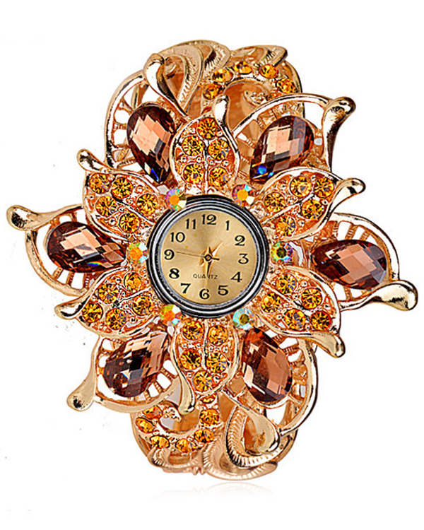 Crystal flower hinge bangle watch