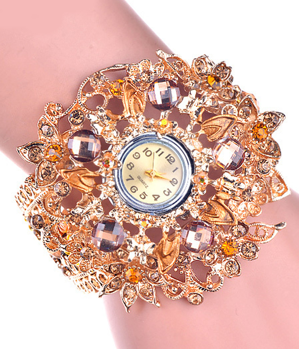 Crystal flower hinge bangle watch