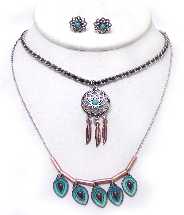 Two layer multi chains feather links necklace set