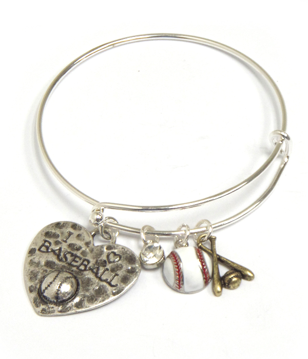 Heart and baseball theme charm adjustable wire bangle bracelet - i love baseball