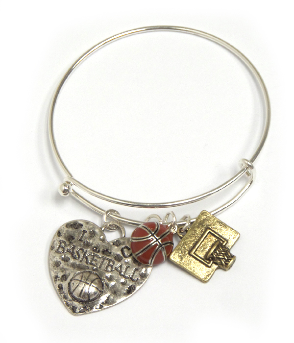 Heart and basketball theme charm adjustable wire bangle bracelet - i love basketball