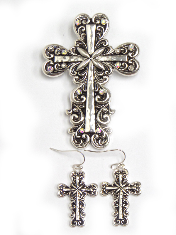 Crystal and tailored cross pendant and earring set