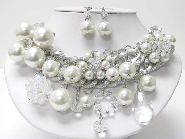 Multi acryl ball and facet glass stone deco necklace earring set