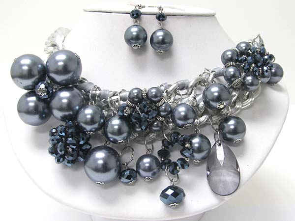 Multi acryl ball and facet glass stone deco necklace earring set