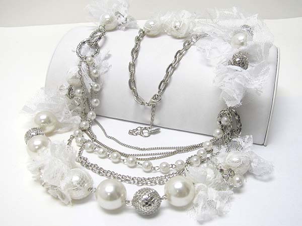 PEARL AND CHIFFON MESH ACCENT LONG METAL CHAIN NECKLACE EARRING SET