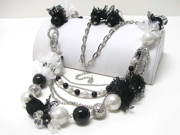 Pearl and chiffon mesh accent long metal chain necklace earring set