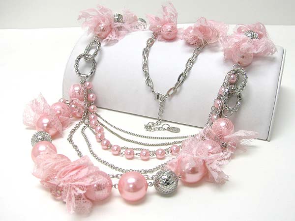 Pearl and chiffon mesh accent long metal chain necklace earring set