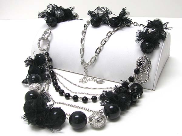 Pearl and chiffon mesh accent long metal chain necklace earring set