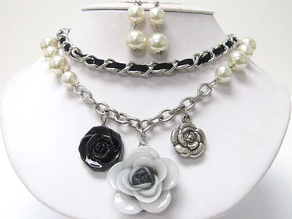 ACRY FLOWER DANGLE PEARL SUEDE METALCHAIN NECKLACE EARRING SET