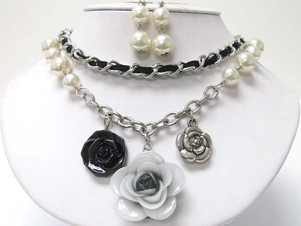 Acry flower dangle pearl suede metalchain necklace earring set