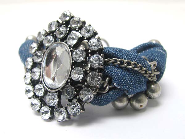 Crystal stud medallion braided denim and metal link bracelet