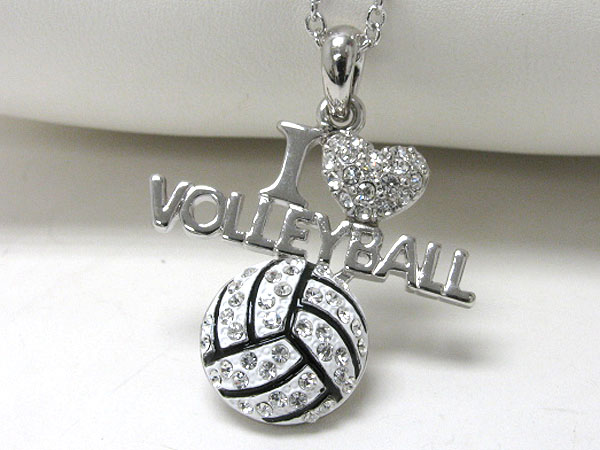 Made in korea whitegold plating crystal stud i love volleyball pendant necklace