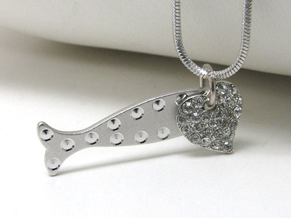 Made in korea whitegold plating crystal stud heart and fish pendant necklace