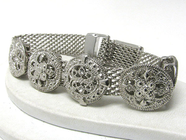 Textured metal disk slide metal mesh link bracelet