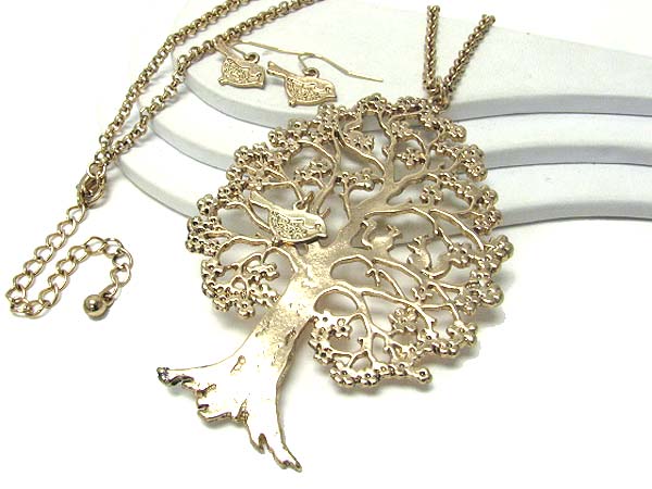 Metal filigree large life of tree pendant long necklace earring set