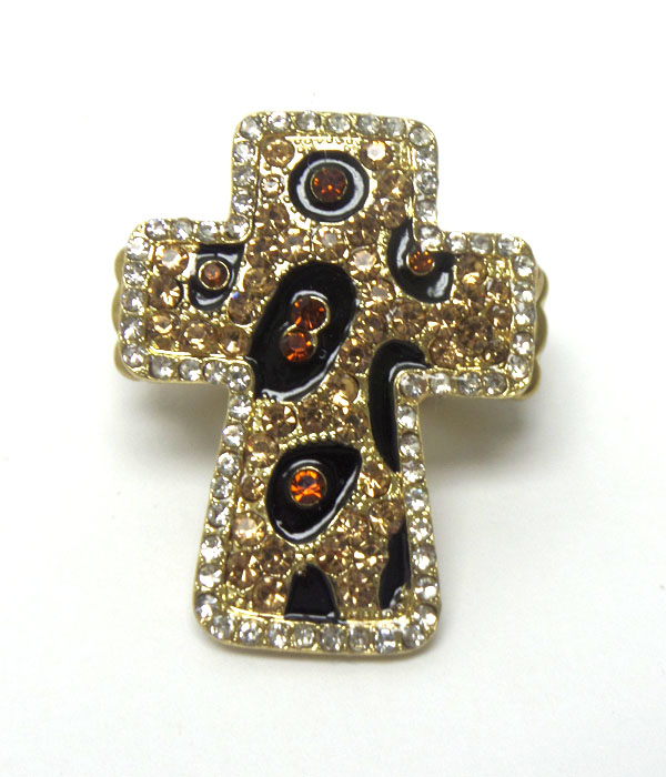 Cross with leopard epoxy crystal stretch ring 