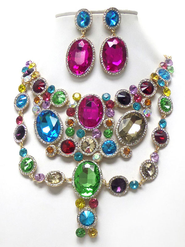 Luxury class victorian style and austrian crystal multi color layered crystal necklace set