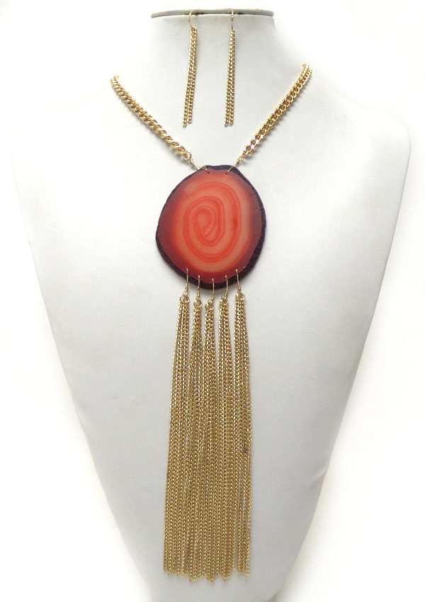 Natural stone and long metal tassel drop necklace set