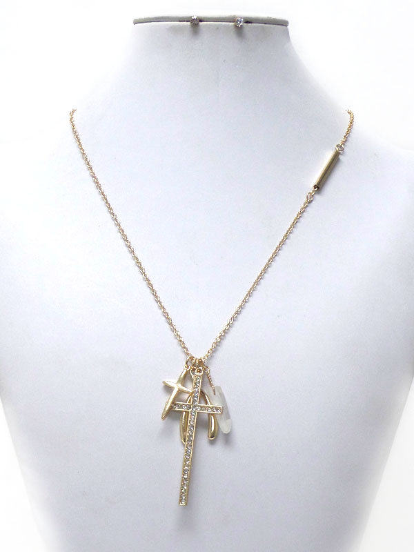 Crystal cross and wish bone long necklace set