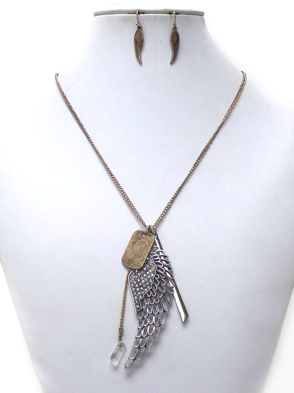 Crystal and metal filigree angel wing long necklace set