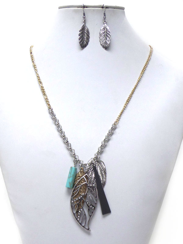 Metal filigree leaf long necklace set