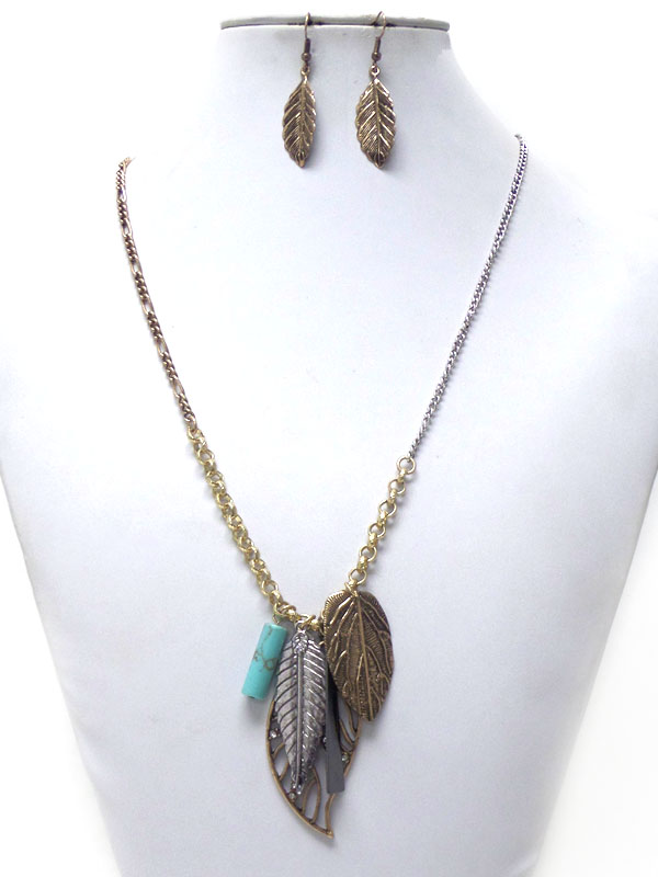 Metal filigree leaf long necklace set
