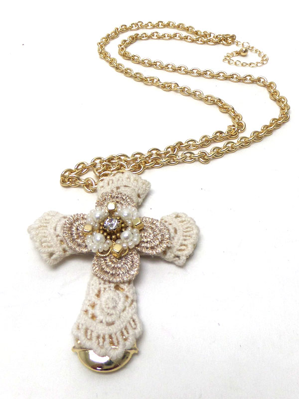 Vintage lace cross with crystal center necklace