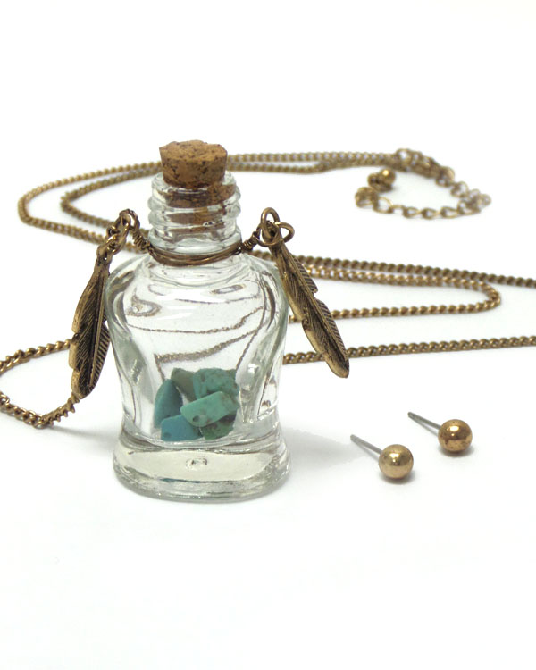 Metal feather and beads in bottle long necklace set