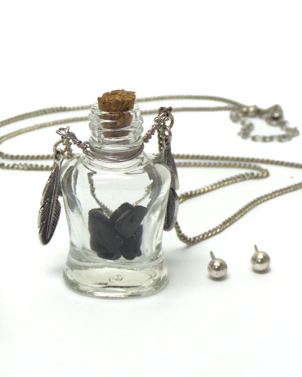 Metal feather and beads in bottle long necklace set