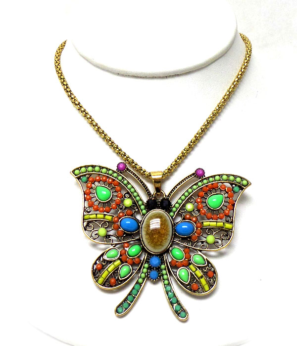 Metal butterfly with stones and beads necklace