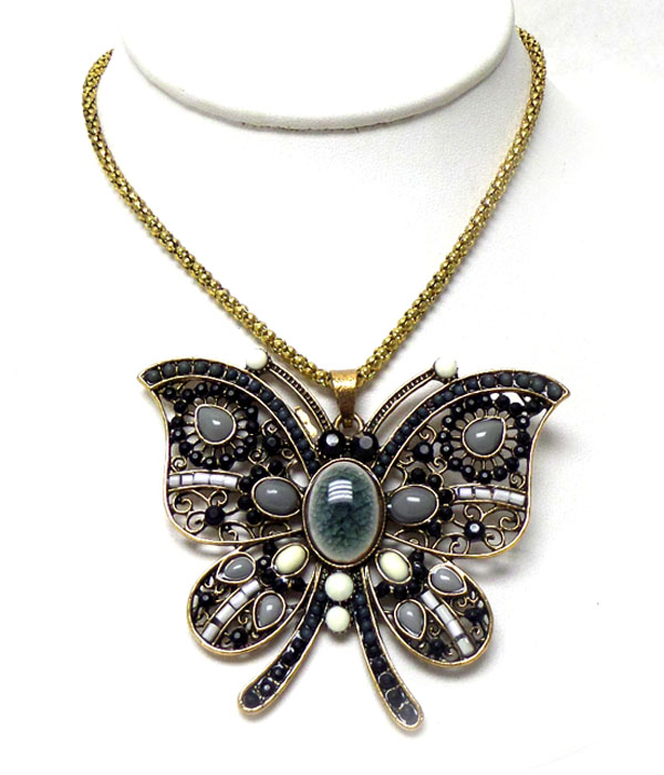 Metal butterfly with stones and beads necklace