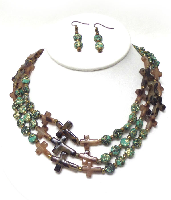 Three layer cross and beads necklace set 