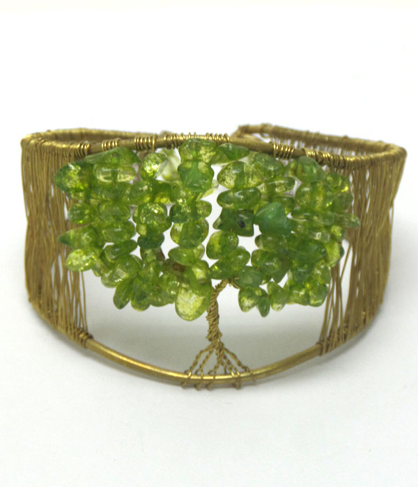 Handmade wire art semi precious stone tree of life theme bangle bracelet - brass