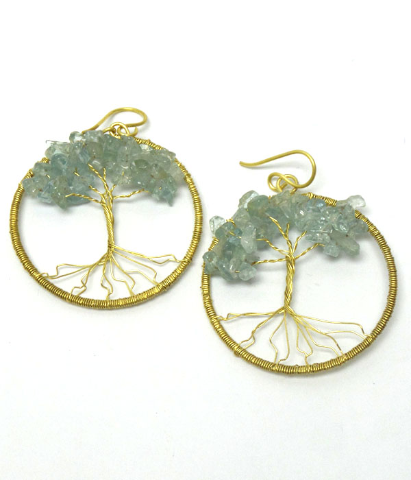 Handmade wire art semi precious stone tree of life theme hook earrings