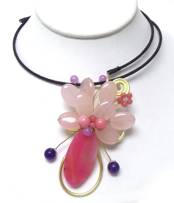 Hand made wrap around wire semi precious stone folwer necklace - brass